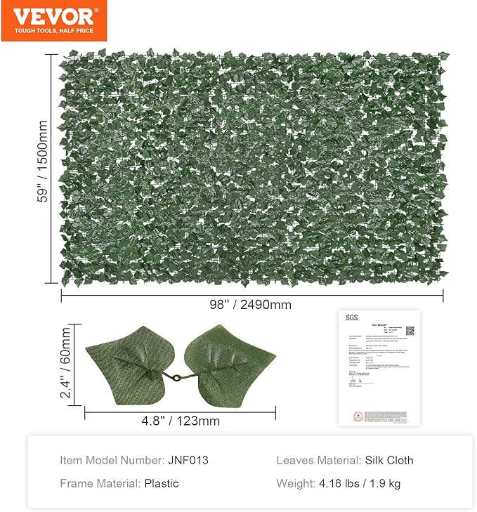 VEVOR Artificial Ivy Privacy Fence Screen, 59 x 98 in Faux Ivy Vine Leaf Hedges Fence, Greenery Privacy Fence with Strengthened Joint, Green Wall Decoration for Outdoor Garden, Yard, Balcony