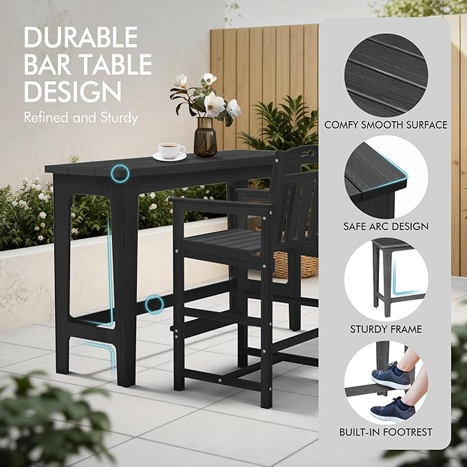 Ciokea Heavy-Duty Outdoor Bar Set, Rectangle High Top Table and 2 Oversized Adirondack Chairs Set, HDPE Modern Patio Bar Set for Outside Bistro Backyard Balcony Deck Outside, Black