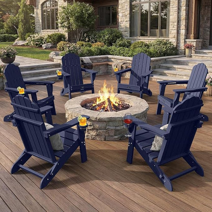 Adirondack Chairs Set of 6, Fire Pit Chairs, Wood Texture Patio Chairs with 2 Cup Holder, Outdoor Lawn Chair, Dark NavyBlue