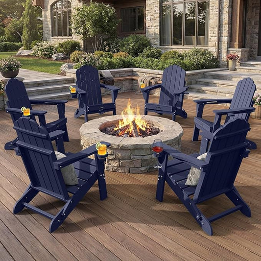 Adirondack Chairs Set of 6, Fire Pit Chairs, Wood Texture Patio Chairs with 2 Cup Holder, Outdoor Lawn Chair, Dark NavyBlue
