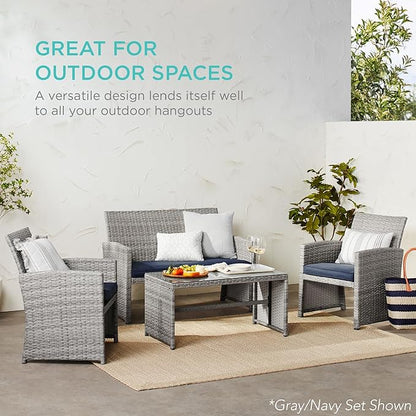 Best Choice Products 4-Piece Outdoor Wicker Patio Conversation Furniture Set for Backyard w/Coffee Table, Seat Cushions - Black/Peacock