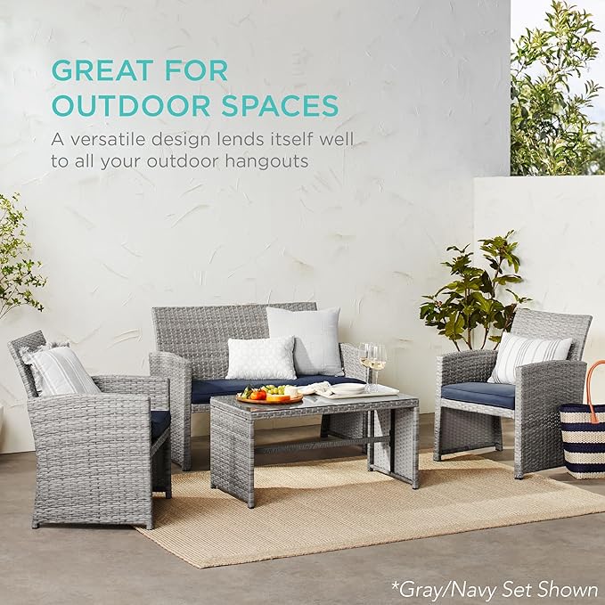 Best Choice Products 4-Piece Outdoor Wicker Patio Conversation Furniture Set for Backyard w/Coffee Table, Seat Cushions - Brown/Stone Gray