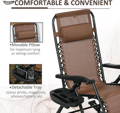 Outsunny Set of 2 Outdoor Rocking Chairs, Foldable Reclining Zero Gravity Lounge Rocker with Pillow, Cup & Phone Holder, Combo Design with Folding Legs, Brown