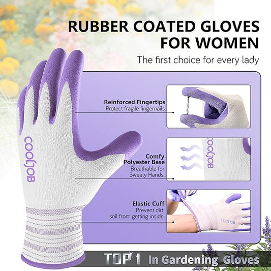 COOLJOB 6 Pairs Gardening Gloves for Women Ladies, Breathable Rubber Coated for Yard Garden, Outdoor Indoor Protective Work, Medium Size, Lavender Purple & Apple Green