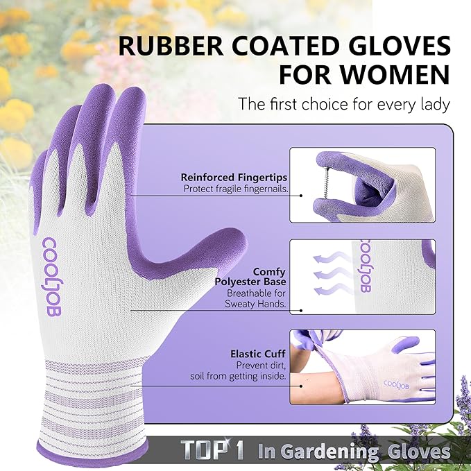 COOLJOB 10 Pairs Gardening Gloves for Women Ladies, Breathable Rubber Coated for Yard Garden, Outdoor Indoor Protective Work, Medium Size, Lavender Purple & Apple Green