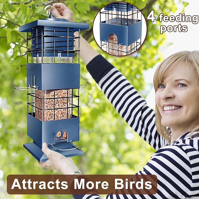Bird Feeder Squirrel Proof, Metal Anti-Squirrel for Outdoors Hanging, 3LBS Wild Birdseed Feeders for Cardinal Blue Jay Outside (Blue)