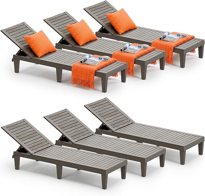 Outdoor Chaise Lounge Chairs Set of 6, 5-Position Adjustable Tanning Lounge Chairs with Wood Texture, All-Weather Resin Patio Lounge Chair for Pool, Garden, Deck, Beach, Striped Grey