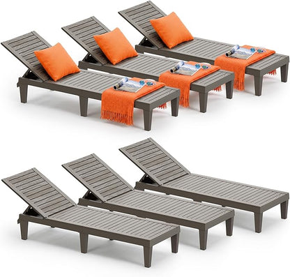 Outdoor Chaise Lounge Chairs Set of 6, 5-Position Adjustable Tanning Lounge Chairs with Wood Texture, All-Weather Resin Patio Lounge Chair for Pool, Garden, Deck, Beach, Striped Grey