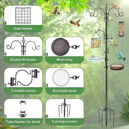 YINGYM Bird Feeding Station Kit, 87 Inches Bird Feeder Pole for Outside, Premium Feeder Stand Hanging Kit with Water Bowl, Mesh Tray and Metal Suet for Attracting Wild Birds