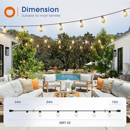addlon 100FT(50FT*2) LED Outdoor String Lights Waterproof Patio Lights with 54 Shatterproof ST38 Replaceable Bulbs(4 Spare), Dimmable Outside Hanging Lights Connectable for Porch, Backyard, 2200K