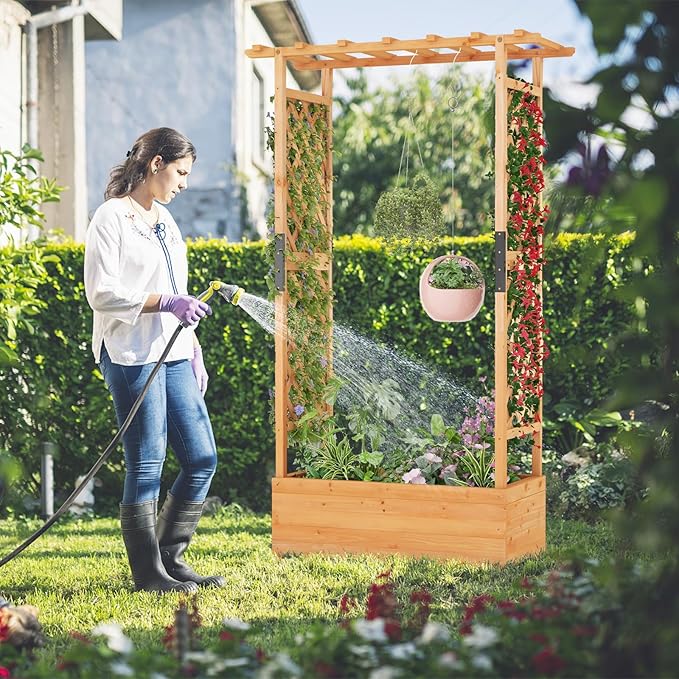 S AFSTAR 72-Inch Raised Garden Bed with Arch Trellis, Hanging Roof & Drainage Holes, Vertical Plant Container for Vine Climbing Plant Flower, Indoor Outdoor Wood Elevated Planter Box for Garden Patio