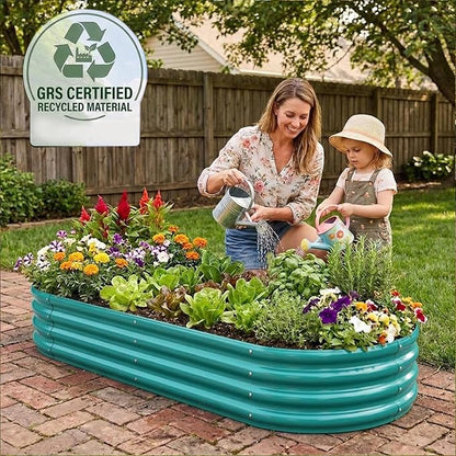 Rakukiri Raised Garden Bed GRS Certified Galvanized Planter Box Outdoor, 5ft Oval Rot-Resistant Metal Garden Bed Planter, Recycled Material Planter for Vegetables Flowers Herbs (Green)