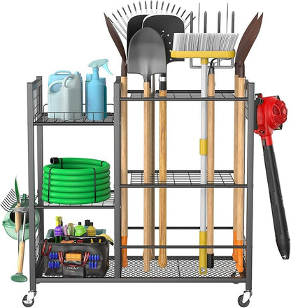 WALMANN Large Garden Tool Organizer with Wheels for Garage, Rakes/Shovels/Yard Tools Storage Stand for Yard, Garden, Indoor/Outdoor Long-Handled Tools Rolling Cart(Tool stand with shelves)
