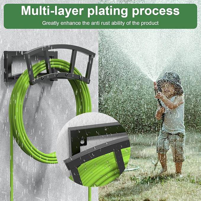 OLV Garden Hose Holder Wall Mounted, Outdoor Heavy Duty Metal Water Hose Holder Hanger Holds 125-ft Water Pipe, Sturdy Detachable Hose Storage Organizer Reel Rack for Outside Garden Lawn Yard Farm