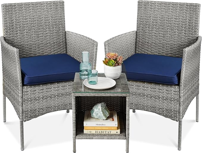Best Choice Products 3-Piece Outdoor Wicker Conversation Bistro Set, Space Saving Patio Furniture for Garden w/Side Table - Gray/Navy