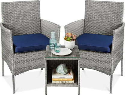 Best Choice Products 3-Piece Outdoor Wicker Conversation Bistro Set, Space Saving Patio Furniture for Garden w/Side Table - Gray/Navy