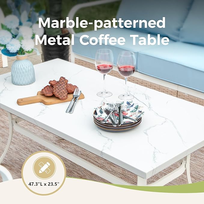 4 Piece Patio Furniture Set, 2 x Swivel Chair, 1 x 3-Seat Sofa with Marbling Coffee Table, All Cushioned 5 Seats Outdoor Conversation Set for Lawn Garden Backyard, Blue