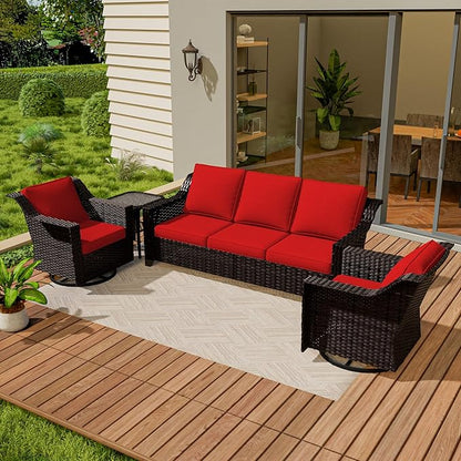 Vista Vibe 4 Pieces Outdoor Patio Conversation Furniture Set - 78" 3-Seat Sofa | 2 Swivel Glider Rocker Chairs | Wicker End Table, Rattan Loveseat, Upholstered Couch, Garden, Deck (Brown/Red)
