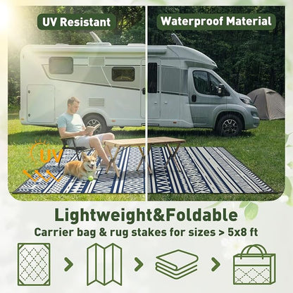 MontVoo-Outdoor Rug Carpet Waterproof 5x8 ft Reversible Patio Rug RV Camping Rug-Plastic Straw Rug Outside Indoor Outdoor Area Rug for Patio Deck Balcony Picnic Beach Outdoor Decor Boho Navy Blue