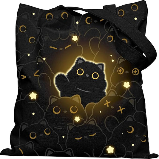 Canvas Tote Bag with Aesthetic Prints, Cute Tote Bag for Women Girls with Wide Strap, Gifts for Cat Book Lovers