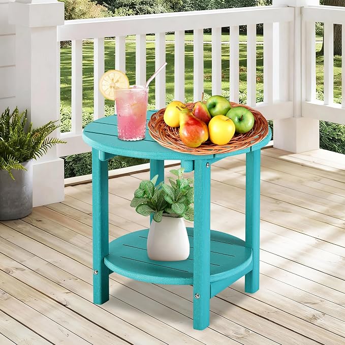 LZRS Round Adirondack Side Table Double End Table, Outdoor Side Tables for Patio, Backyard,Pool, Indoor Companion, Easy Maintenance & Weather Resistant(Turquoise)