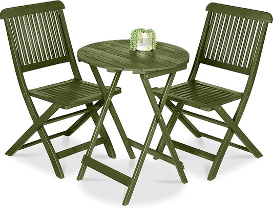 Best Choice Products 3-Piece Acacia Wood Bistro Set, Folding Patio Furniture for Backyard, Balcony, Deck w/ 2 Chairs, Round Coffee Table, Teak Finish - Olive