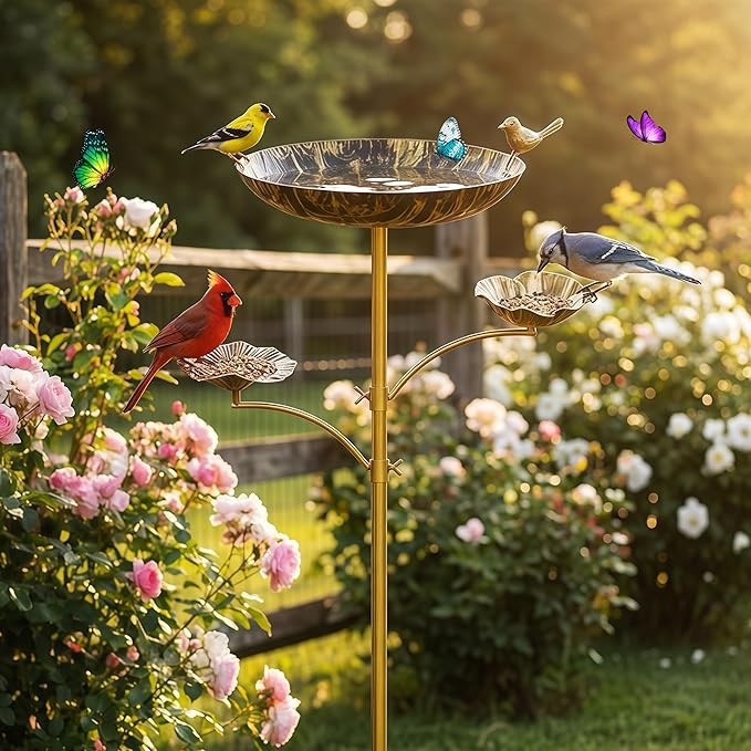 HUFAND Triple Bowl Bird Bath for Outside, 3-in-1 Bird Bath & Feeder with 4-Claw Ground Stake, 51in Height, 11.8in Large Top Bowl, Outdoor Birdbath for Garden Patio Yard Decor, Black Gold