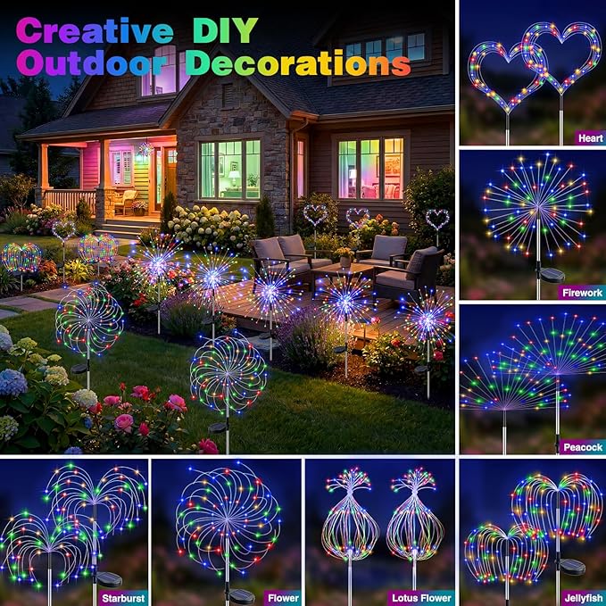btfarm 1 Pack Solar Garden Lights Outdoor, 8 Modes Firework Lights Solar Powered, Waterproof Twinkle Fairy Light Outside for Yard Patio Pathway Pool Christmas Party Decorative, Multicolor