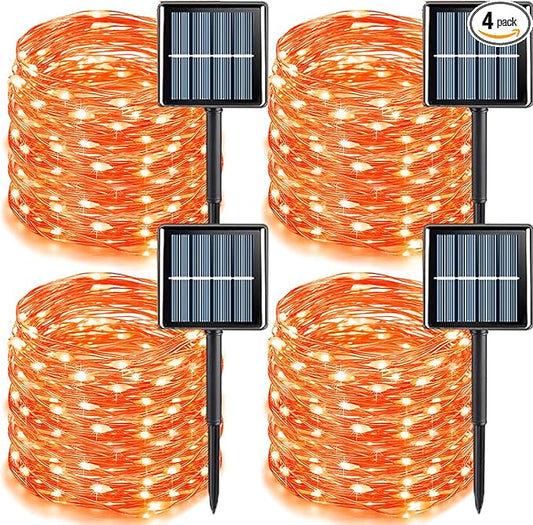 YEGUO Orange Solar Thanksgiving Lights Outdoor Waterproof, 4 Pack Each 33ft 100 LED Solar Fairy Lights, 8 Modes Solar String Lights
