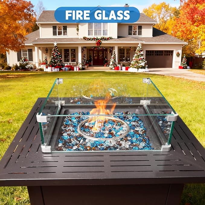3/4 Inch Blended Fire Glass Beads,20LB Round Fire Glass Beads for Fire Pit Table, Fireplace and Fire Bowl (Caribbean Blue+Crystal Ice+Amber)