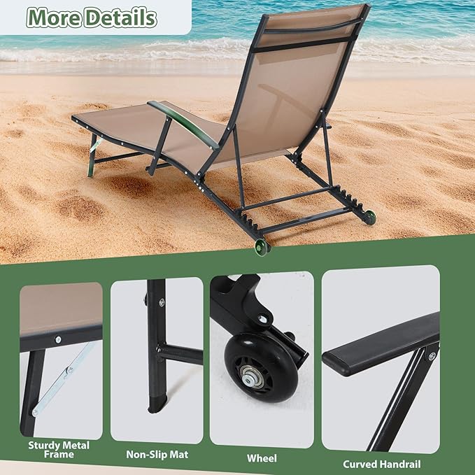 Nice C Patio Chaise Lounge with Wheel, Outdoor Lounge with Armrest for Pool, 5 Reclining Positions, with Rolling Wheel for Poolside, Beach, Backyard, Patio (1 Pack, Beige)