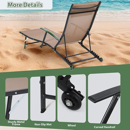 Nice C Patio Chaise Lounge with Wheel, Outdoor Lounge with Armrest for Pool, 5 Reclining Positions, with Rolling Wheel for Poolside, Beach, Backyard, Patio (Set of 2, Beige)