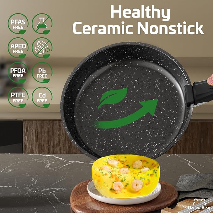 18 Pcs Pots and Pans Set Non Stick, Ceramic Cookware Set Non Toxic with Detachable Handles, Healthy Induction Cookware Oven Safe RV Kitchen Set, PFAS PFOA & PTFE Free, Black