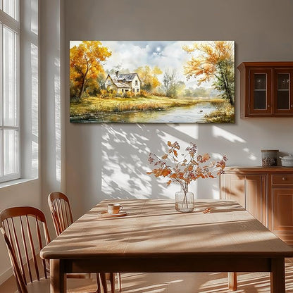SERIMINO Autumn Nature Landscape Wall Art, Riverside Cottage Scenic Large Artwork, Rustic Farmhouse Oversized Wall Prints, Pastoral Canvas Paintings Wall Decor Living Room Bedroom Dining Room 29"X57"