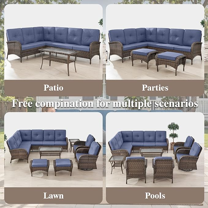 HUMMUH Outdoor Patio Furniture Set,L-Shaped Sectional Couches with Swivel Patio Chairs,Wicker Conversation Set for Deck,Backyard,Porch,Garden