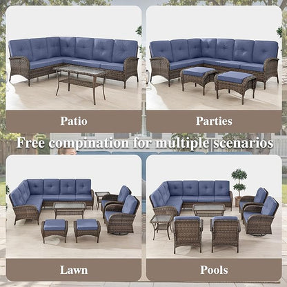 HUMMUH Outdoor Patio Furniture Set,L-Shaped Sectional Couches with Swivel Patio Chairs,Wicker Conversation Set for Deck,Backyard,Porch,Garden