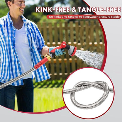 Stainless Steel Garden Hose 50ft, Heavy Duty Water Hose with 10 Functional Nozzles, No Kink, Lightweight and Flexible, Strong and Durable, Suitable for Outdoor,Yard and Lawn