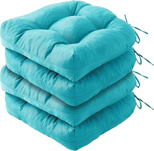 IPYNBAP Outdoor Chair Cushions Set of 4, Patio Chair Cushions with Ties, 19x19+5” Tufted Outdoor Seat Cushions, Waterproof Patio Furniture Cushions, Outdoor Dining Chair Pads, Teal