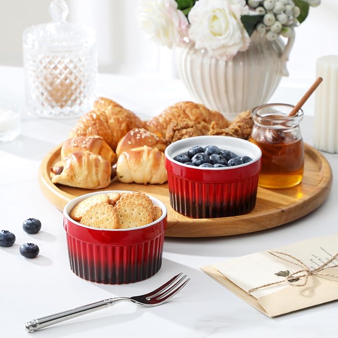MALACASA Ramekins 6 oz Oven Safe, Small Ceramic Souffle Dishes for Creme Brulee Souffle, Stoneware Custard Cups Ramiken for Baking, Dessert Bowls Dipping Sauce Dish Set of 6, Red, Series RAMEKIN-DISH