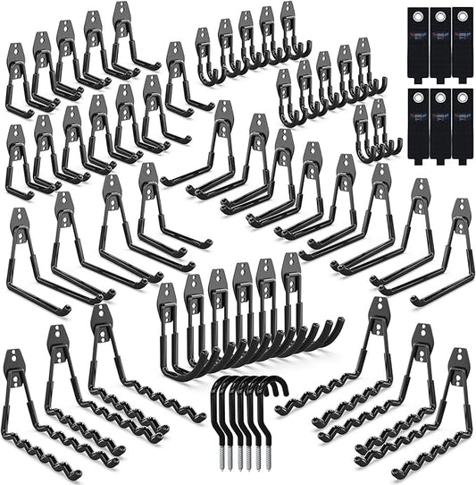3-H Garage Wall Hooks 60 Pack, Heavy Duty Garage Hooks with Extra Welding Spots, Wall Mount Storage Organizer for Hanging Garden Lawn Tools, Ladder, Bike, WeedEater, Chair, Shovel, Blower (Black)