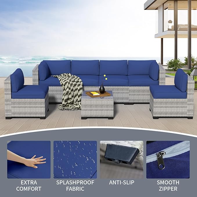 7-Piece Outdoor Sectional Patio Furniture Set, All-Weather Wicker Rattan Sofa w/Thick Washable Cushions & Tempered Glass Table, Perfect for Garden, Poolside, Backyard (7, Graywhite&Navy Blue)