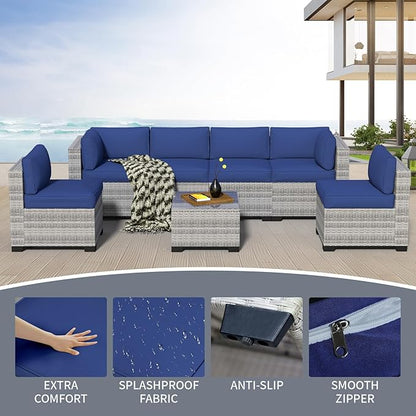 7-Piece Outdoor Sectional Patio Furniture Set, All-Weather Wicker Rattan Sofa w/Thick Washable Cushions & Tempered Glass Table, Perfect for Garden, Poolside, Backyard (7, Graywhite&Navy Blue)