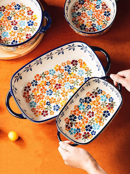 Colorful Cherry Blossom Flowers Vintage Style Ceramic Bakeware Dish Casserole Dish Baking Pan Lasagna Pans with Handles for Oven/Cooking/Kitchen, 1 PCS, 32 oz