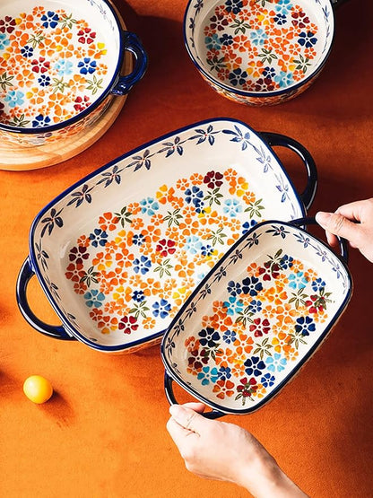 Colorful Cherry Blossom Flowers Vintage Style Ceramic Bakeware Dish Casserole Dish Baking Pan Lasagna Pans with Handles for Oven/Cooking/Kitchen, 1 PCS, 60 oz
