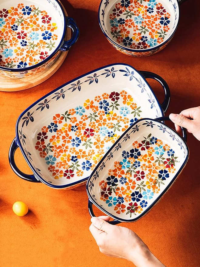 Colorful Cherry Blossom Flowers Vintage Style Ceramic Bakeware Dish Casserole Dish Baking Pan Lasagna Pans with Handles for Oven/Cooking/Kitchen, 1 PCS, 22 oz