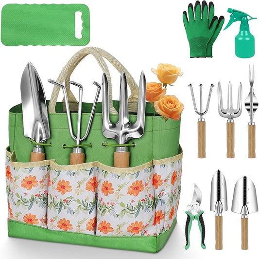 Gardening Tools 10-Piece Heavy Duty Stainless Steel Hand Tools with Durable Garden Tools Storage Tote,Rust-Proof Garden Tool Set, Ideal Gardening Gifts for Women Yellow Floral Pattern Design