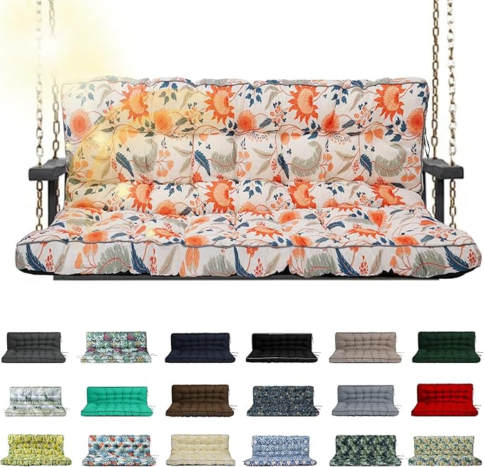 Porch Swing Cushion Three Seat, Waterproof Swing Cushions Replacement with Backrest, Outdoor Garden Furniture Patio 4" Thickened Cushions with Ties (‌Autumn Warmth‌, 40 x 63in)