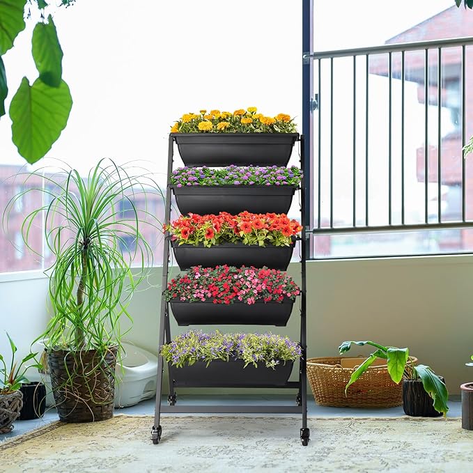 5 Tier Vertical Raised Garden Bed,Plastic & Metal Tiered Planter Stand,Foldable Indoor/Outdoor Plant Display Rack,Flower Planter Raised Stand,with Wheels,for Patio Lawn Porch Yard Balcony (Black)