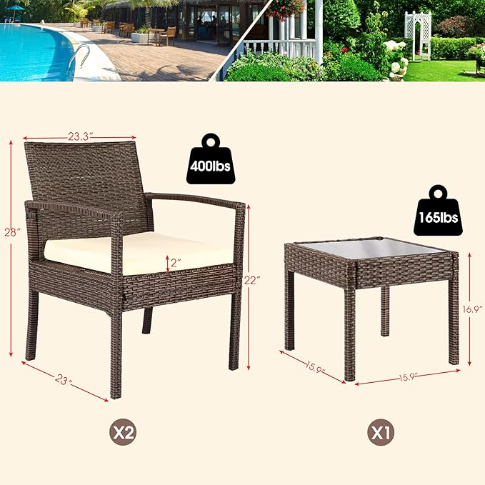 3 Piece Outdoor Patio Furniture Sets, Rattan Conversation Set with Soft Cushion, Wicker Chairs with Coffee Table for Yard Backyard Lawn Porch Poolside Balcony, Beige