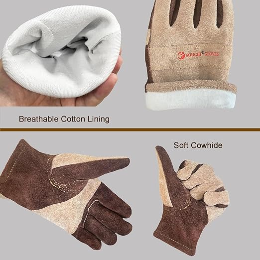 Leather Gardening Gloves for Men, Work Gloves for Welding, Construction, Chainsaw, Farm, Ranch, Yard Work, Abrasion Resistant, Cactus Thorn Proof (Brown, Large)